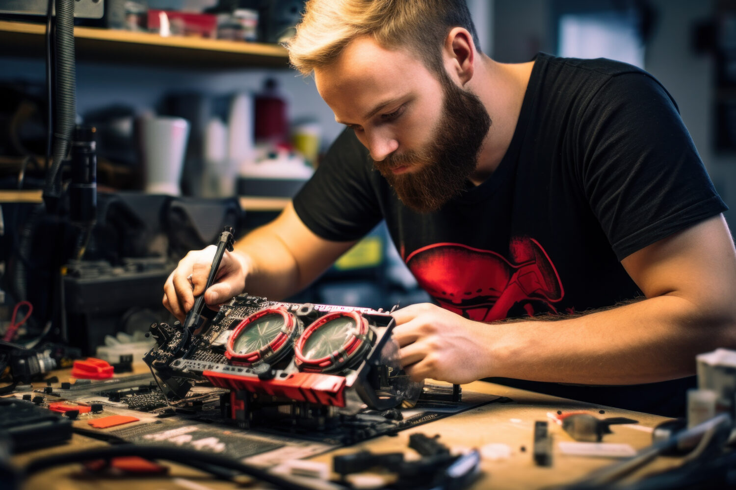 The technician hold the screwdriver for repairing the computer. the concept of computer hardware, repairing, upgrade and technology.